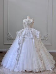 Unique Ball Gown Straps Tulle White Sequin Lace Wedding Dresses Brides Dress