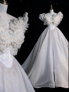 Unique Ball Gown Sweetheart Long Tulle White Wedding Dress Brides Dress