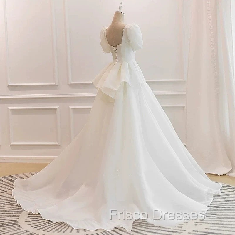Unique Ball Gown Sweetheart Short Sleeves Long White Wedding Dress Secondary image