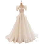 Unique Ball Gown Sweetheart Short Sleeves Long White Wedding Dress