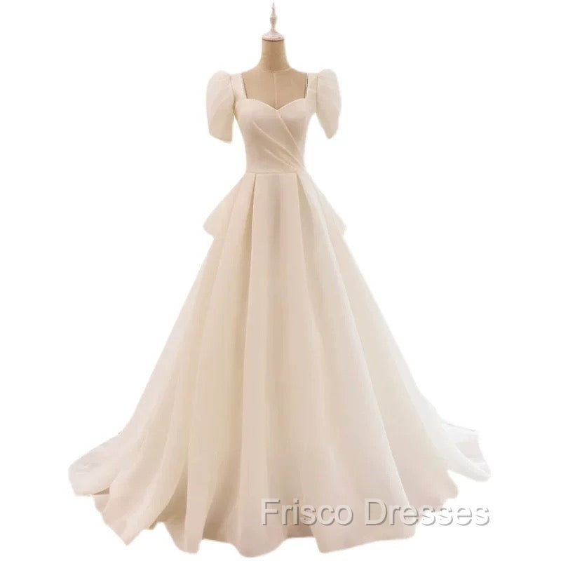 Unique Ball Gown Sweetheart Short Sleeves Long White Wedding Dress
