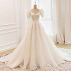 Unique Ball Gown Sweetheart Short Sleeves Long White Wedding Dress