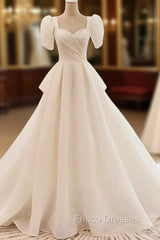 Unique Ball Gown Sweetheart Short Sleeves Long White Wedding Dress