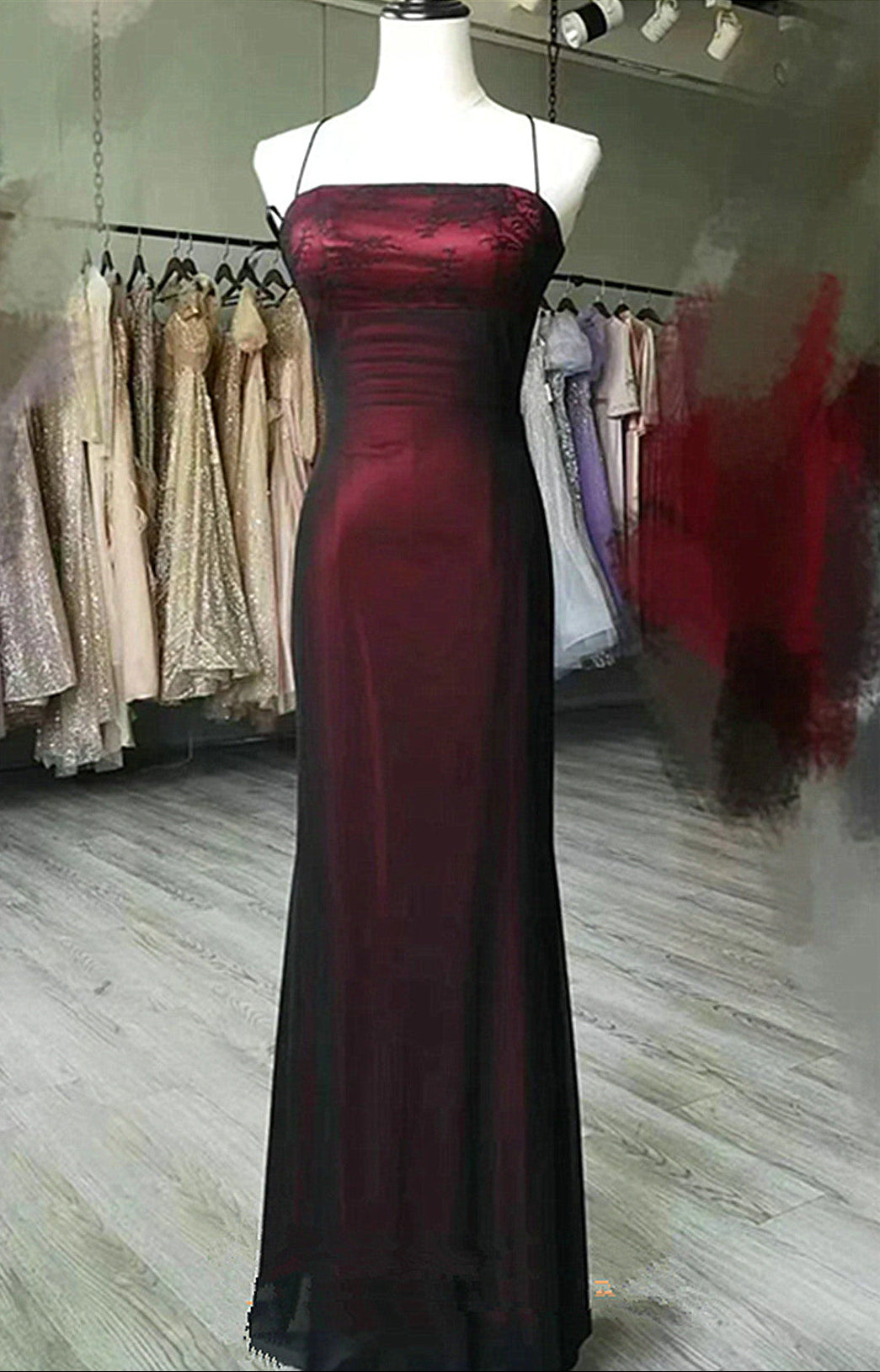 Unique Black And Red Scoop Straps Long Party Dress, Black And Red Evening Dress