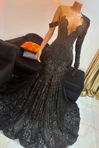 Unique Black Cap Sleeves Beaded Mermaid Court Train Prom Dresses