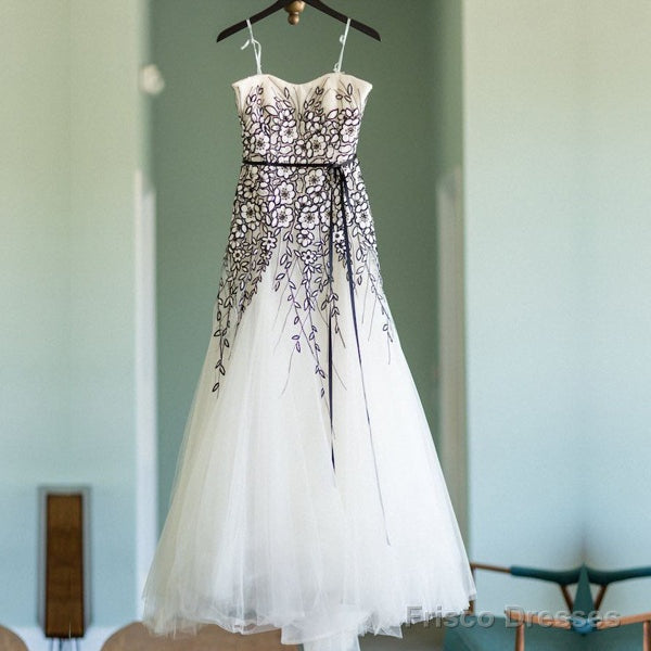 Unique Black Floral Lace Ivory Tulle Strapless A-Line Wedding Dresses, Main image