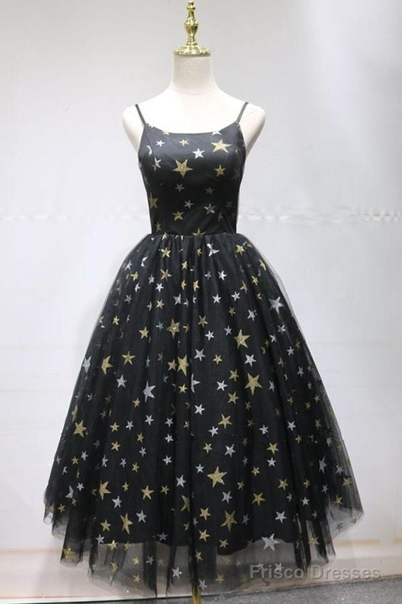 Unique Black Star Printed Tulle Open Back Short Cocktail Dress Homecoming Dress Main image