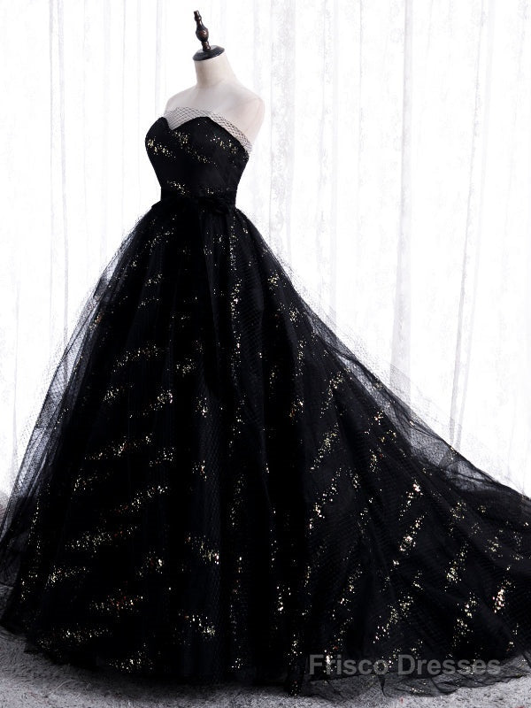 Unique Black Tulle Sequins Strapless Prom Dress Main image