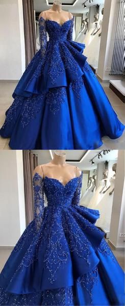 Unique Blue Lace Long Prom Dress, Blue Long Evening Dress Secondary image