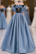 Unique Blue Formal Prom Dresses Off Shoulder Satin Lace Long Evening Dresses