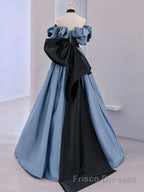 Unique Blue Formal Prom Dresses Off Shoulder Satin Lace Long Evening Dresses