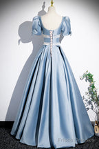 Unique Blue Satin Long Prom Dress, A-Line Short Sleeve Blue Evening Dress