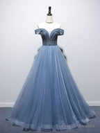 Unique Blue Tulle Beads Long Prom Dress, Blue Tulle Evening Dress