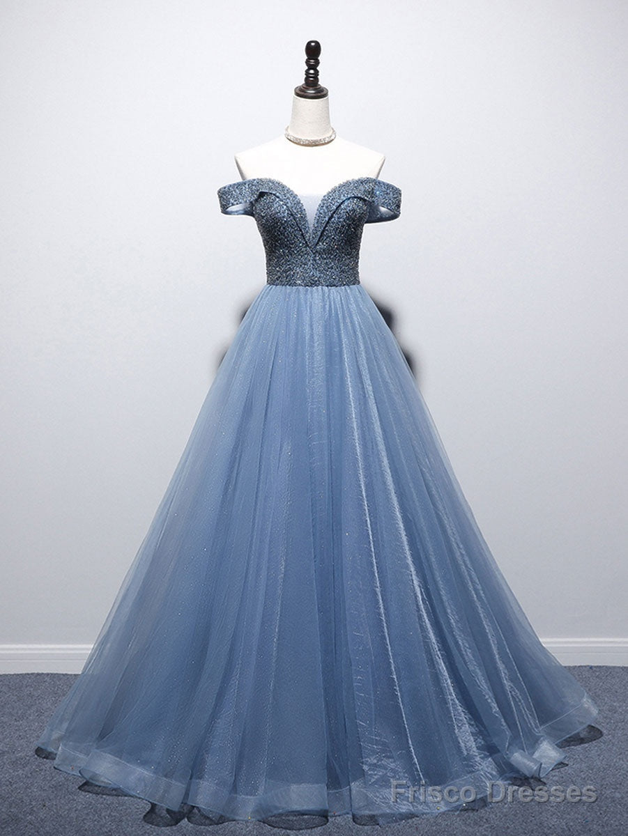 Unique Blue Tulle Beads Long Prom Dress, Blue Tulle Evening Dress