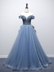 Unique Blue Tulle Beads Long Prom Dress, Blue Tulle Evening Dress