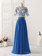 Unique Blue Two Pieces Long Prom Dress Applique Formal Dress