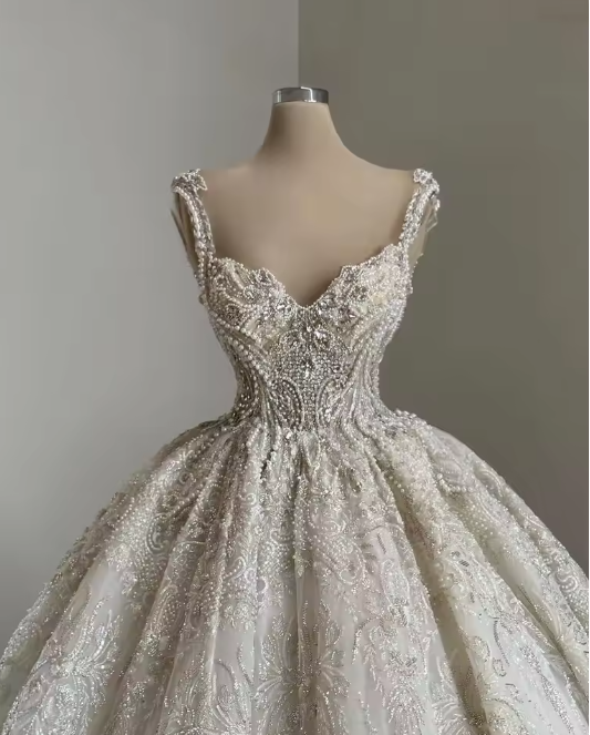 Unique Bridal Gown Ball Gown Straps Neck White Sequin Wedding Dresses Pretty Bridal Gowns Secondary image
