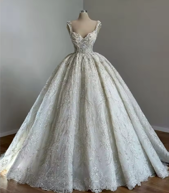 Unique Bridal Gown Ball Gown Straps Neck White Sequin Wedding Dresses Pretty Bridal Gowns