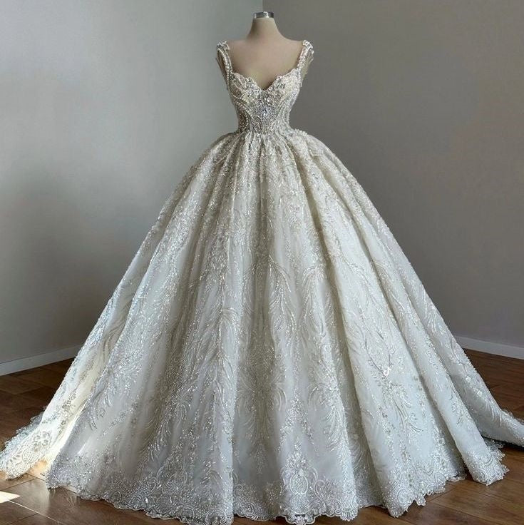 Unique Bridal Gown Ball Gown Straps Neck White Sequin Wedding Dresses Pretty Bridal Gowns Main image