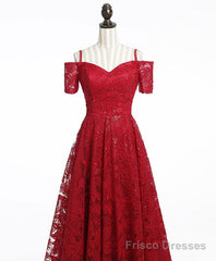 Unique Burgundy Lace Long Prom Dress, Burgundy Evening Dress