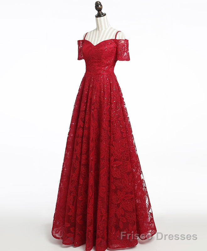 Unique Burgundy Lace Long Prom Dress, Burgundy Evening Dress Main image