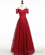 Unique Burgundy Lace Long Prom Dress, Burgundy Evening Dress