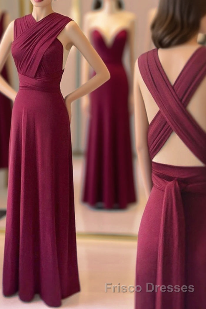 Unique Burgundy Long Formal Prom Dresses with Cross Back, Burgundy Formal Graduation Evening Dresses, Burgundy Bridesmaid Dresses Main image