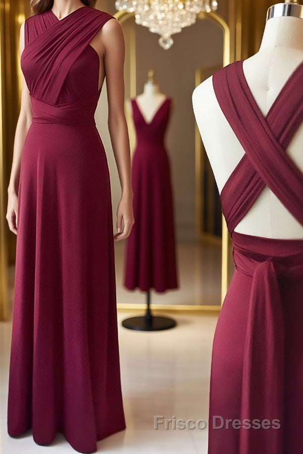 Unique Burgundy Long Formal Prom Dresses with Cross Back, Burgundy Formal Graduation Evening Dresses, Burgundy Bridesmaid Dresses Main image