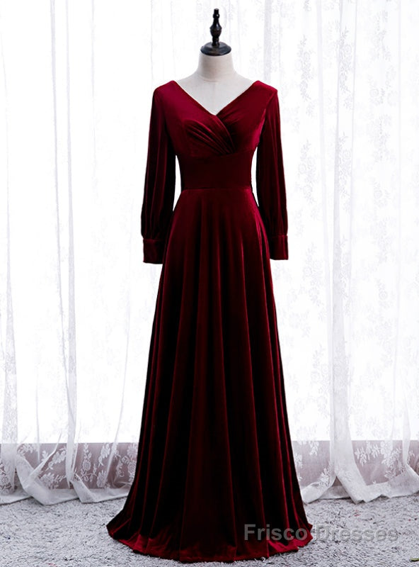Unique Burgundy Velvet Long Sleeve V-neck Pleats Prom Dress Main image