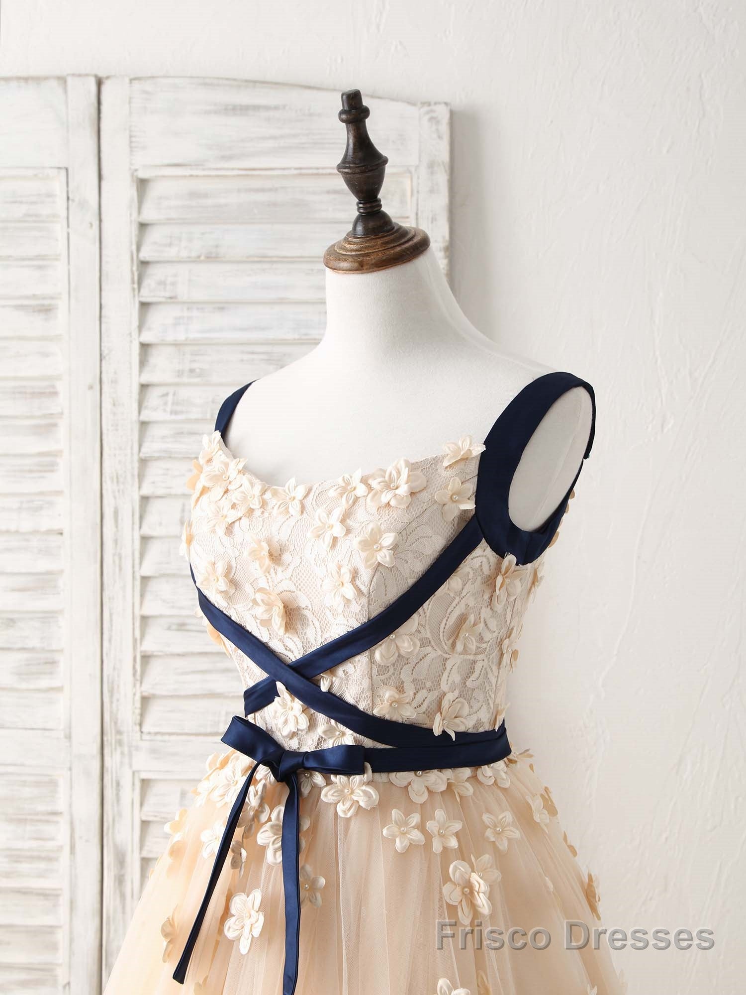 Unique Champagne Lace Tulle Long Prom Dress, Champagne Evening