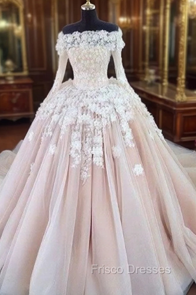 Unique Champagne Lace Tulle Long Wedding Dress, Bridal Dress