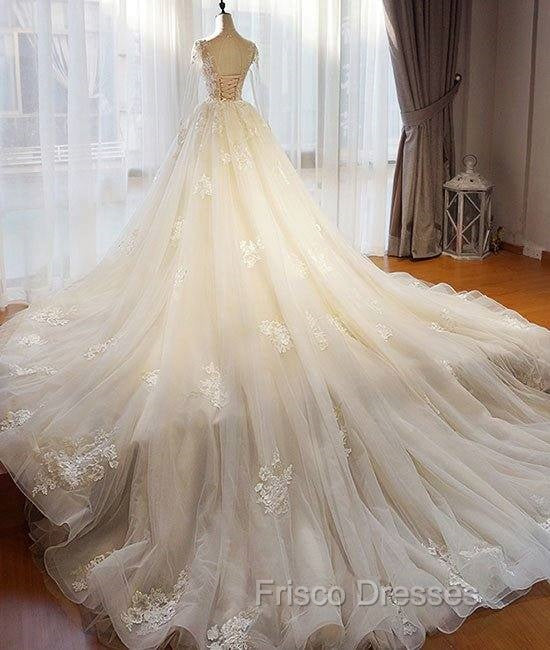 Unique Champagne Tulle Lace Long Formal Prom Dress, Champagne Wedding Dress Secondary image