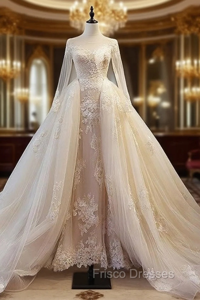 Unique Champagne Tulle Lace Long Formal Prom Dress, Champagne Wedding Dress Main image