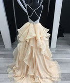 Unique champagne tulle sequin long Formal Prom Dresses, champagne evening Dresses