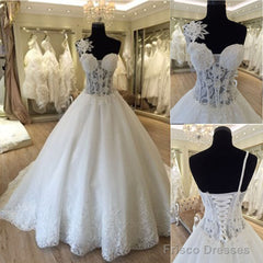 Unique Design One Shoulder See Through A-Line Lace Tulle Wedding Dresses,