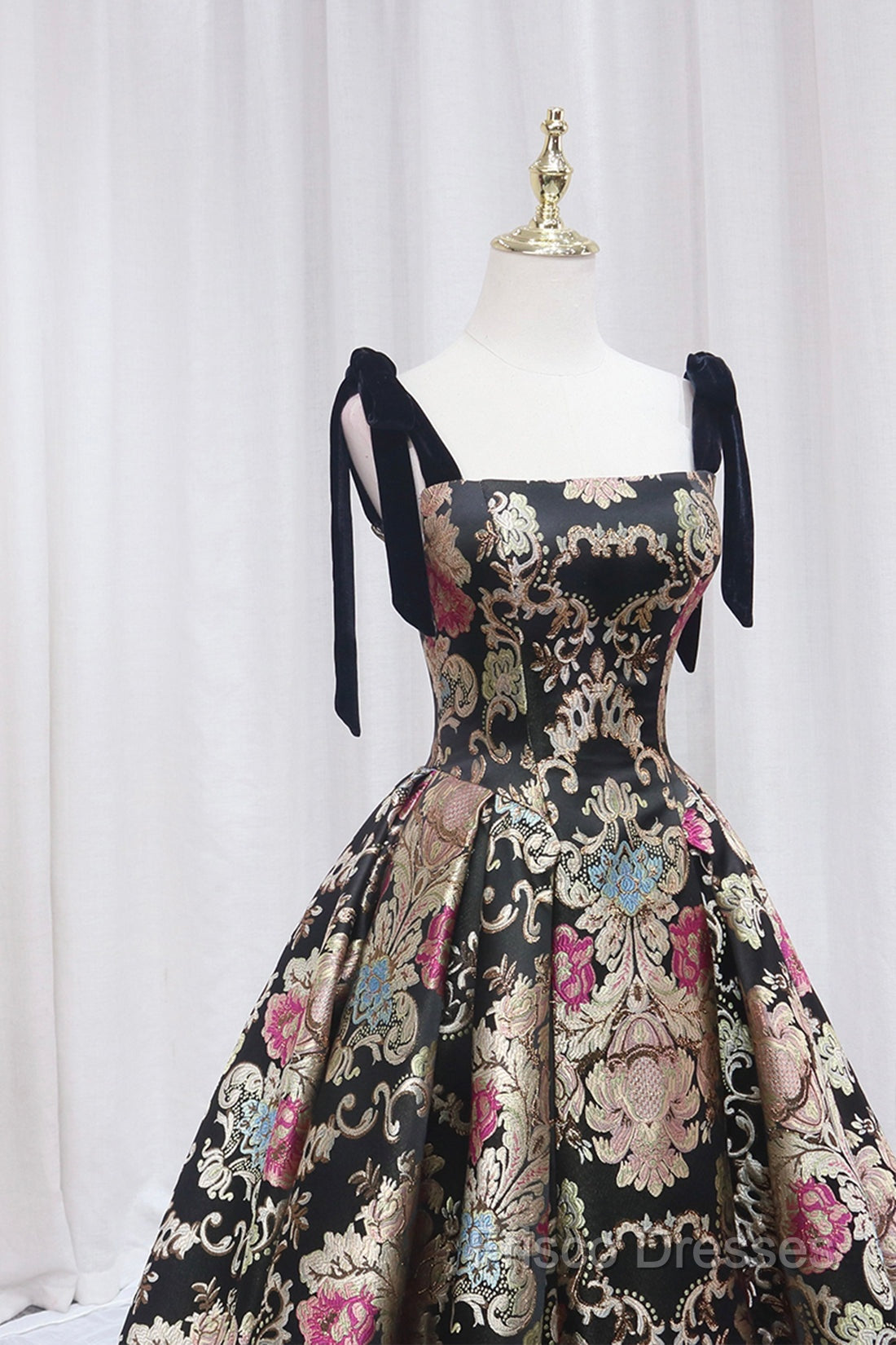 Unique Floral Floor Length Formal Prom Dress, A-Line Black Formal Dress Secondary image