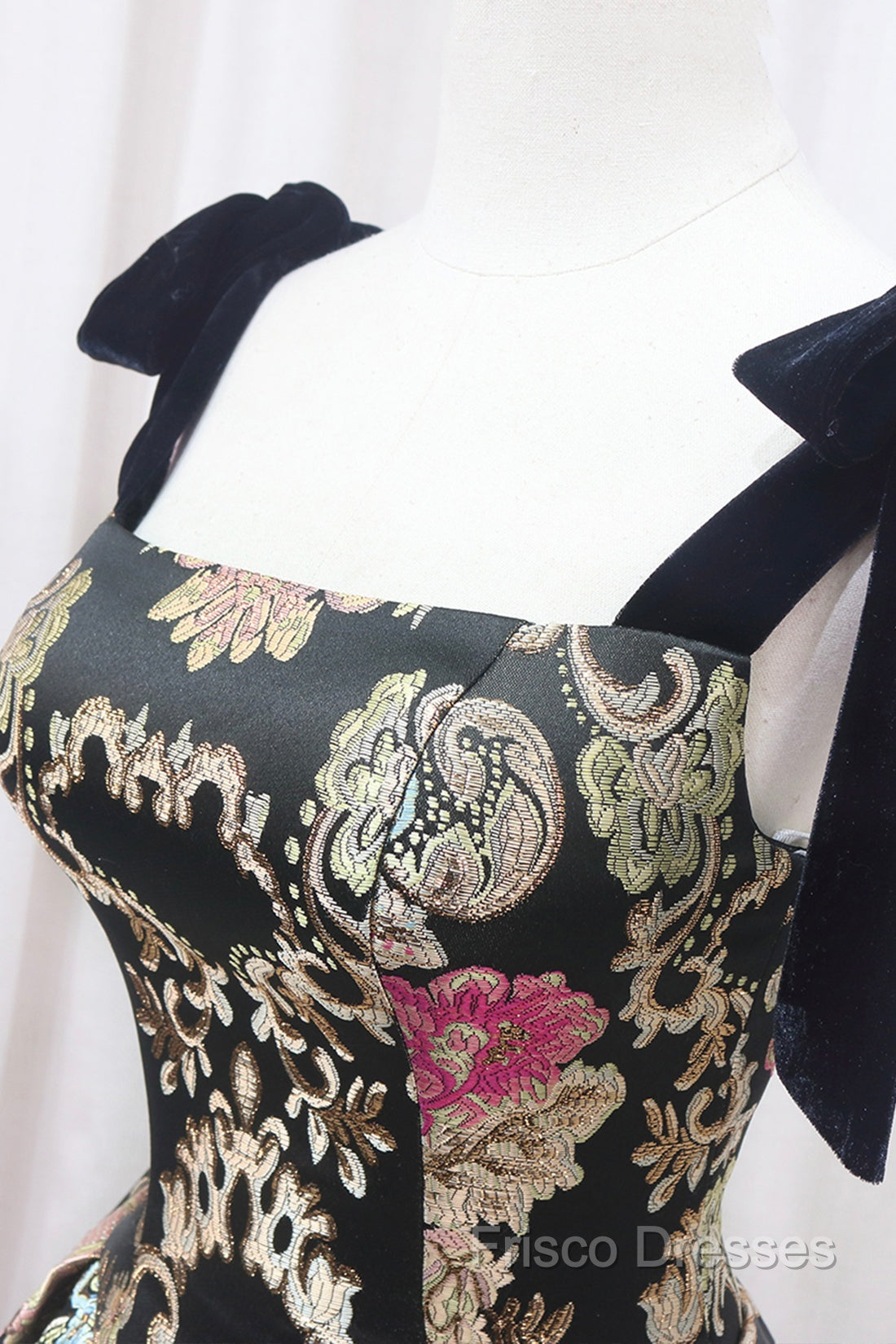 Unique Floral Floor Length Formal Prom Dress, A-Line Black Formal Dress