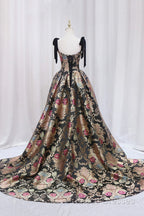Unique Floral Floor Length Formal Prom Dress, A-Line Black Formal Dress