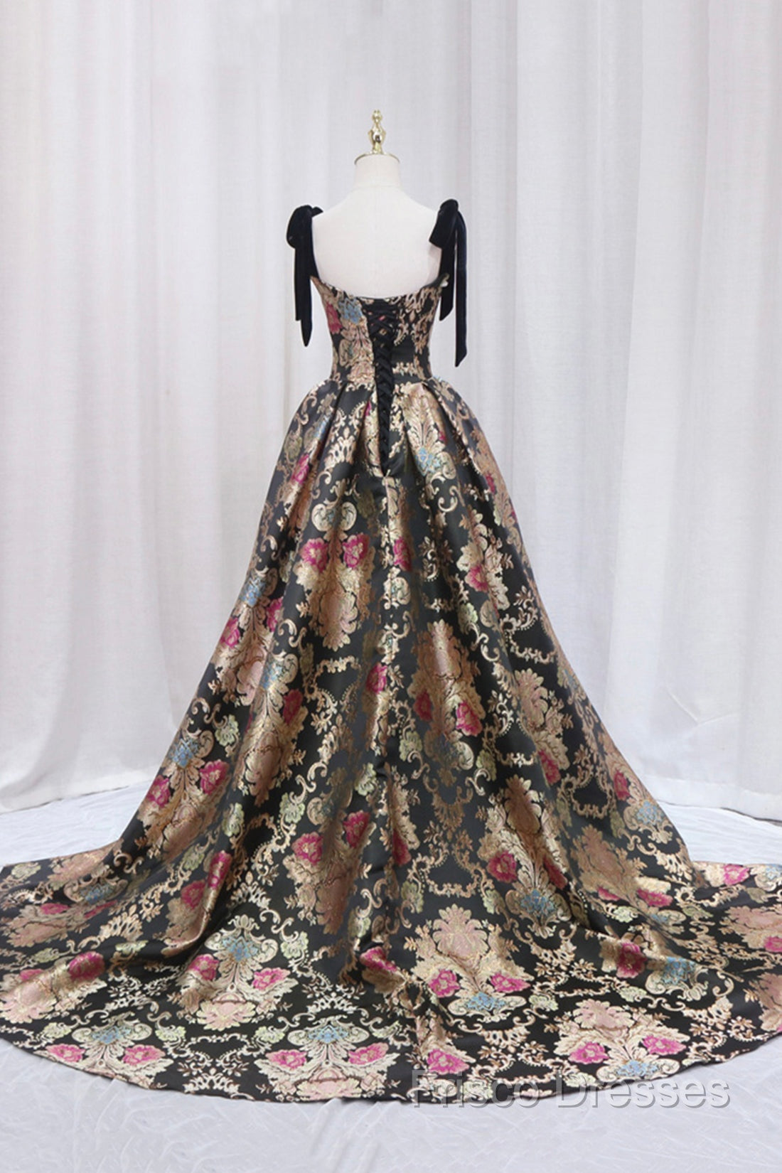Unique Floral Floor Length Formal Prom Dress, A-Line Black Formal Dress
