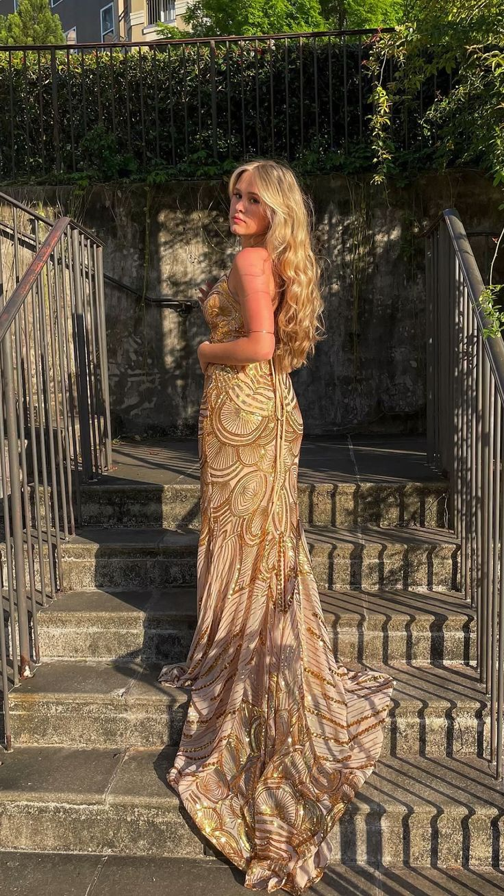Unique Mermaid Golden Sequin Long Sweep Open Back Prom Dress Evening Dress