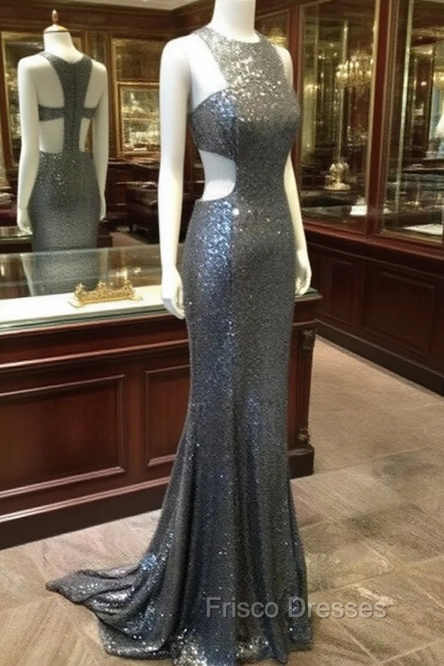 Unique Gray Sequin Mermaid Long Formal Prom Dress, Gray Evening Dress Main image