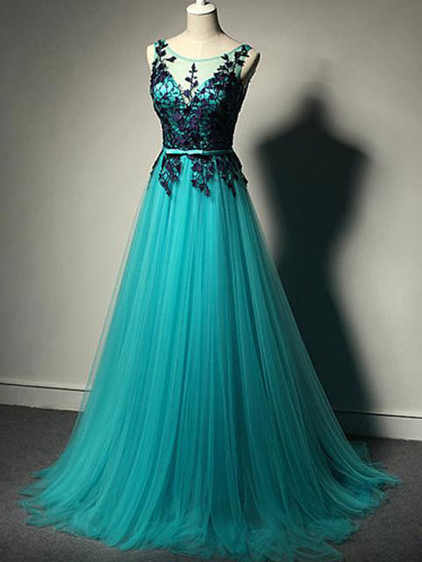 Unique Green Tulle A-line Long Prom Dress-Purple Lace Applique Evening Dress Main image