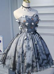 Unique Grey Floral Sweetheart Short Party Dress, Homecoming Dress