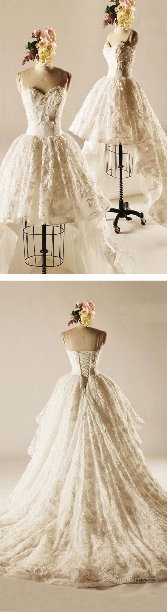 Unique Hi-Low Sweetheart Lace Wedding Dresses, Popular Lace Up Bridal Gown,