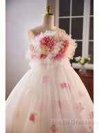 Unique High Low Flower Pink Tulle Sweetheart Formal Prom Dress