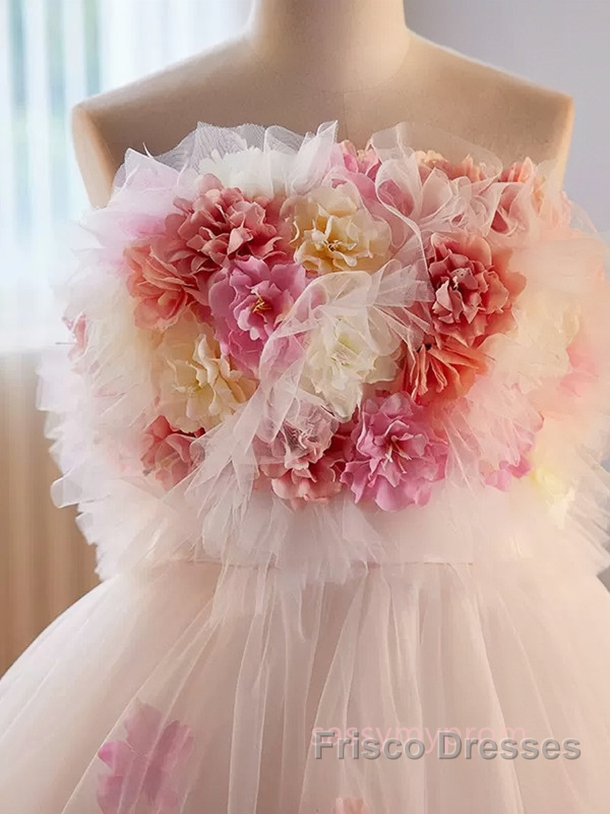 Unique High Low Flower Pink Tulle Sweetheart Formal Prom Dress