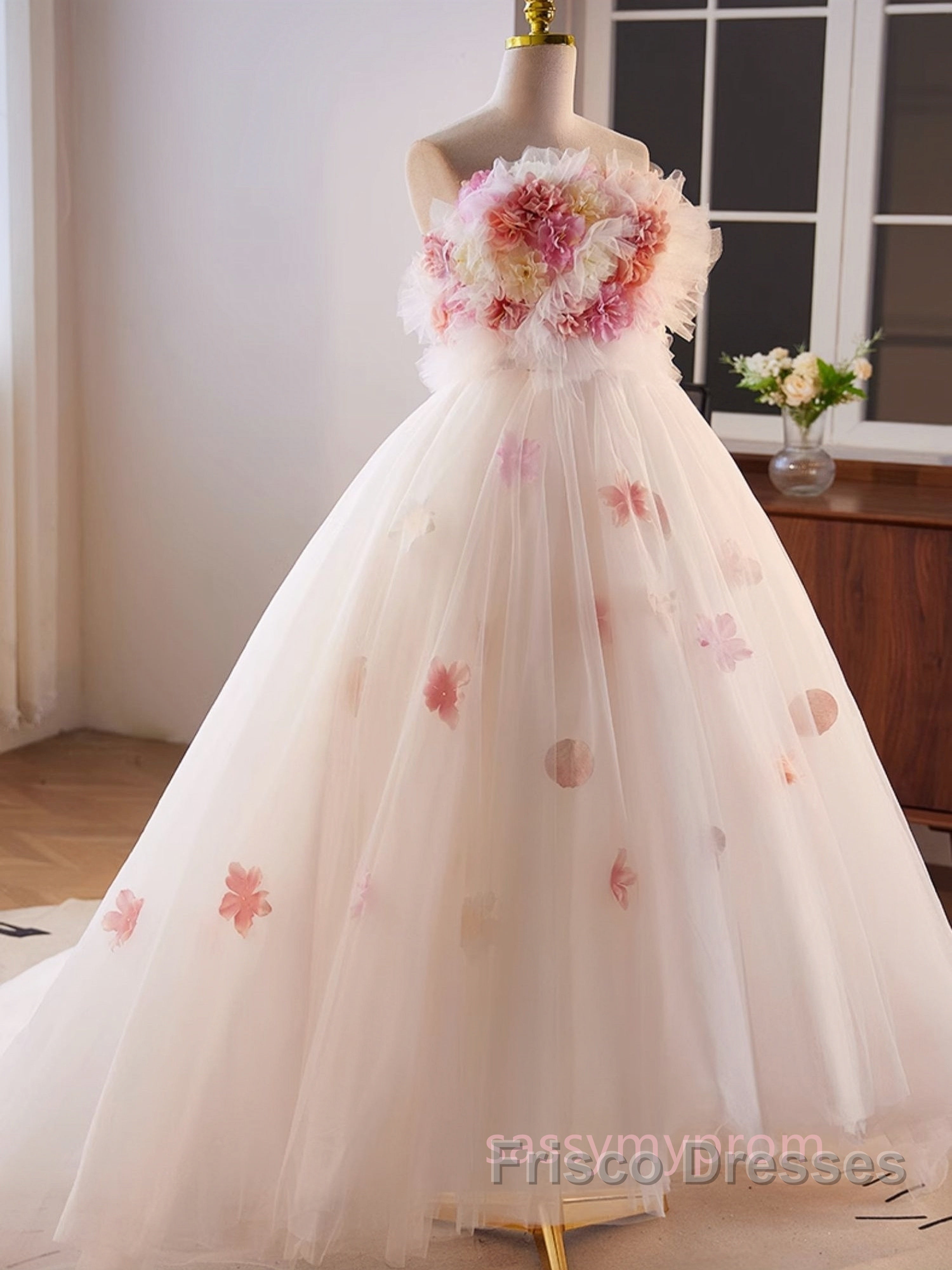 Unique High Low Flower Pink Tulle Sweetheart Formal Prom Dress