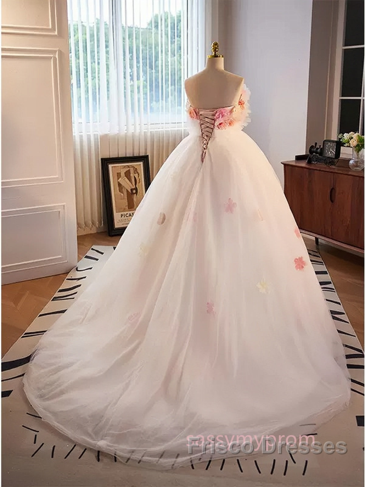 Unique High Low Flower Pink Tulle Sweetheart Formal Prom Dress