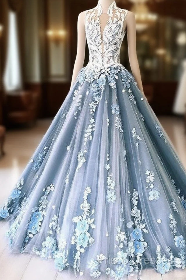 Unique High Neck Tulle Lace Long Formal Prom Dress Blue Tulle Lace Formal Dress Main image
