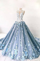 Unique High Neck Tulle Lace Long Prom Dress Blue Tulle Lace Evening Dress